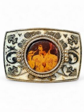 Vintage Elvis Presley Belt Buckle Western Concert Photo Ornate 3.25”